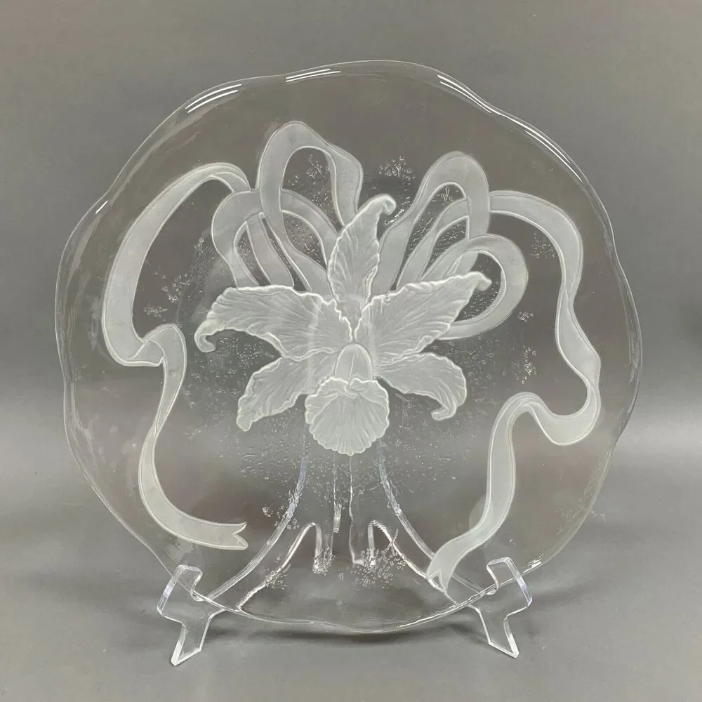 Cake‎ Glass Serving Chop Plate Platter Tray Flower Ribbon Large Thick 12 3/4